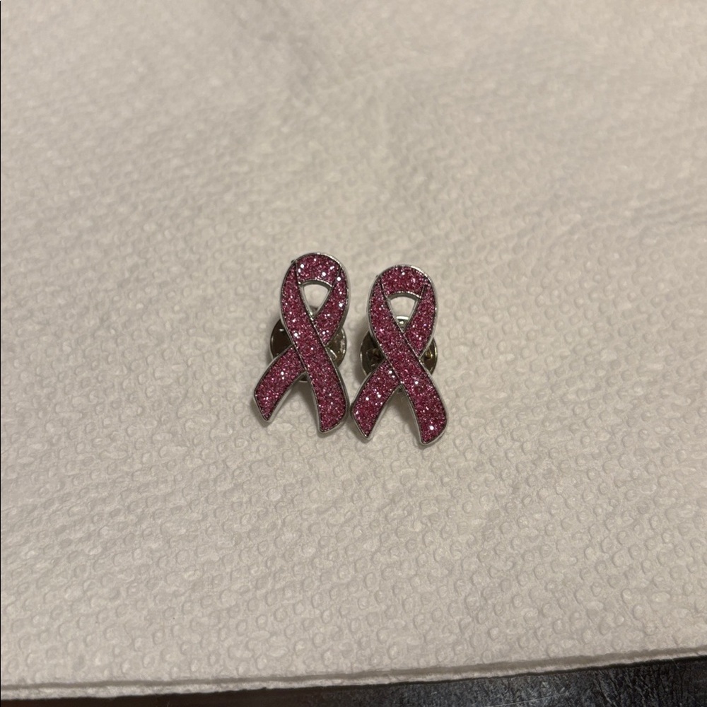 BREAST CANCER AWARENESS Set of 2 Pink GLITTER Ribbon Pins - Picture 3 of 7